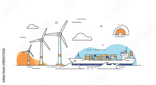 Modern illustration of wind turbines and a cargo ship at sea, representing renewable energy and global shipping.