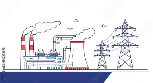 Stylized illustration of a power plant with cooling tower and electricity pylons.