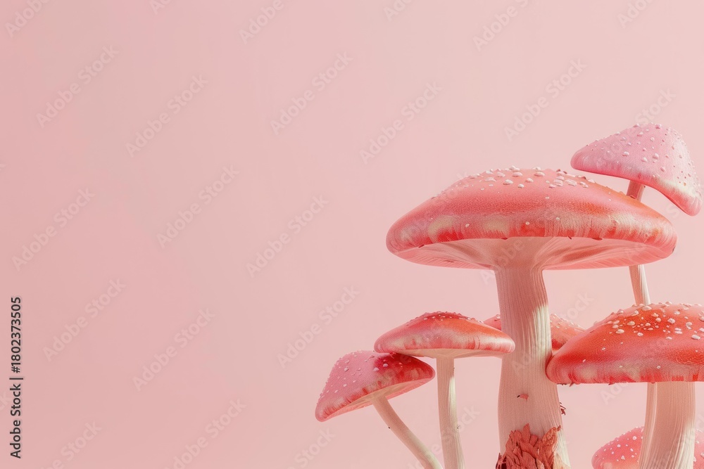 Naklejka premium Cluster of pink mushrooms with water droplets growing on a pink background create a whimsical and surreal scene