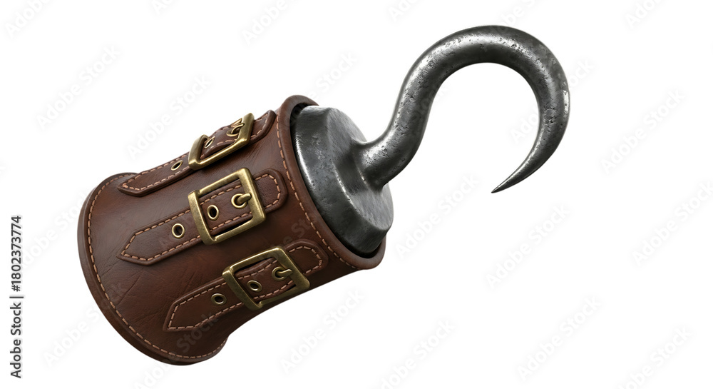 Fototapeta premium Realistic illustration of a weathered leather pirate hook with brass buckles against a dark background