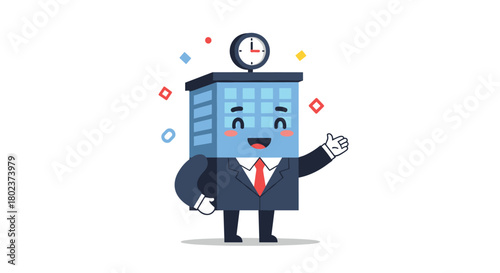 Cute cartoon building character in a suit with a clock on top, celebrating with confetti.