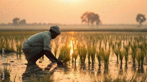 Sunrise silhouettes a farmer tending to rice paddies, planting seedlings in a serene field. The golden light reflects on the water, highlighting the essence of agrarian life.