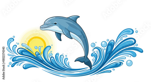 A playful blue dolphin leaps from the ocean waves under a bright sun.