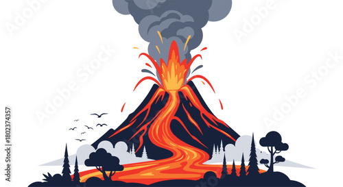 Illustration of a volcano erupting with lava flowing down the mountainside and smoke billowing into the sky.
