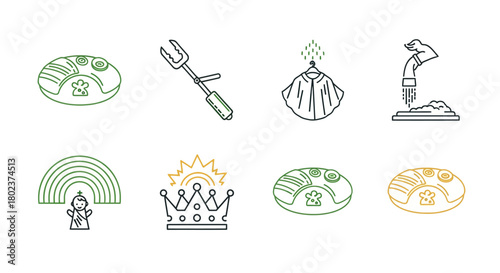 Minimalist line art icons: baking, fashion, foam roller, royalty, nature, rain