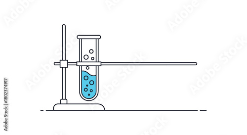 Illustration of a test tube with blue liquid and bubbles supported by a lab stand.