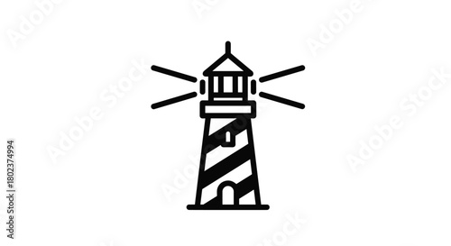 Black and white line art icon of a lighthouse emitting beams of light.