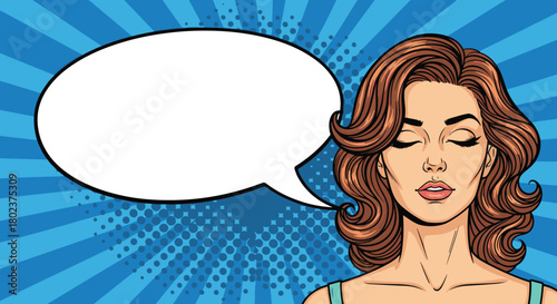 Pop art illustration of a woman with her eyes closed and a speech bubble above her head.