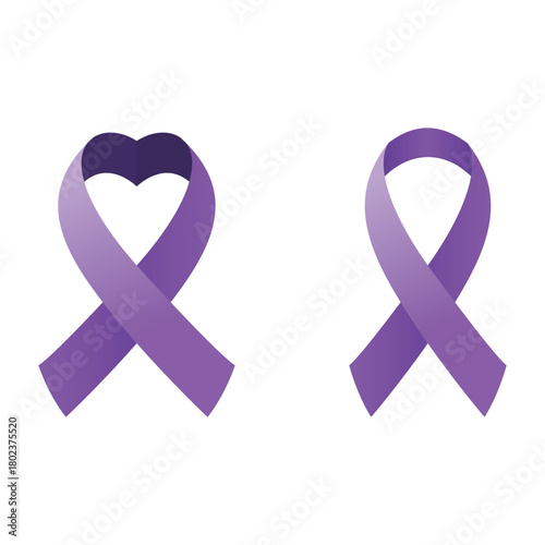 Purple Ribbon Flat Vector Illustration Heart Shape Awareness and Support for Diseases Cause Epilepsy Pancreatic Cancer Fibromyalgia, isolated white background