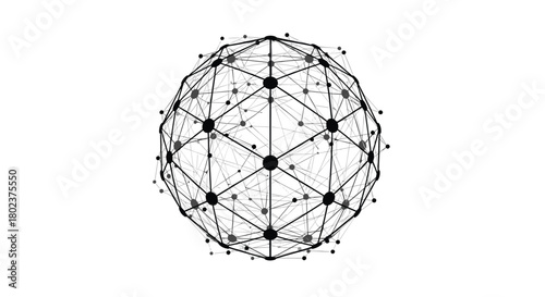 Abstract geodesic sphere made of black nodes and thin connecting lines against a white background.