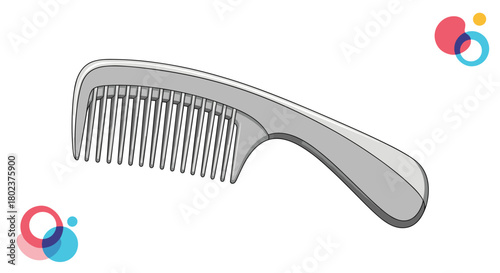 Illustration of a gray comb with many teeth on a white background with colorful circles.