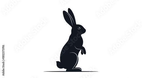 Black silhouette of a rabbit standing on its hind legs with long ears and a fluffy tail.
