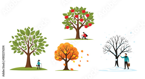 Four trees representing the four seasons with people interacting with them.