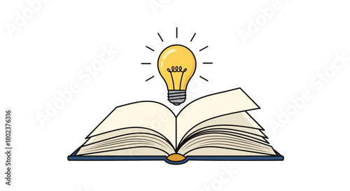 Creative ideas concept with open book and light bulb cartoon design
