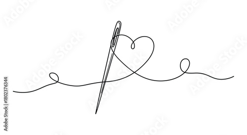 A single line drawing of a needle creating a heart shape with thread on a white background.
