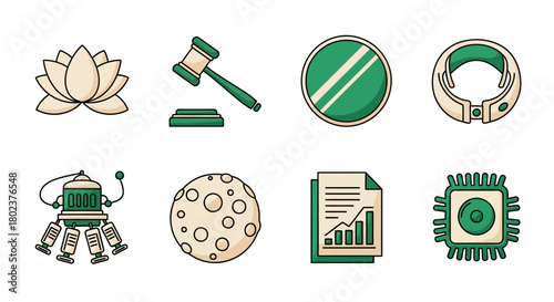 Modern line art icon set featuring diverse objects and technology elements