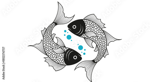 Two stylized fish in a yin-yang formation with blue bubbles between them.
