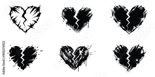 Distressed broken hearts set in black grunge style, perfect for edgy designs