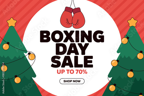 Boxing Day sale event with festive Christmas trees and red boxing gloves, promoting up to 70% off discounts.