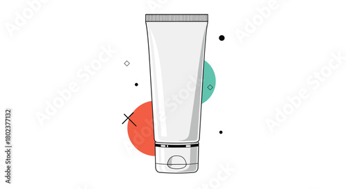 White cosmetic tube with colorful abstract shapes and geometric elements.
