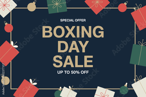 A special offer boxing day sale with up to 50% off is promoted on a dark blue background surrounded by gift boxes and ornaments.