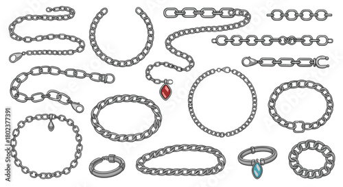 Collection of various silver chain necklaces and bracelets with charms and pendants.