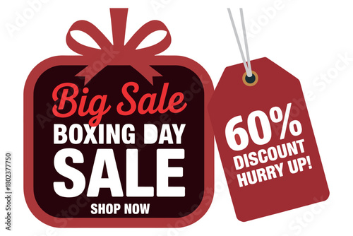 A festive Boxing Day sale features a large red bow-adorned tag and a smaller tag indicating a 60% discount, urging shoppers to hurry.
