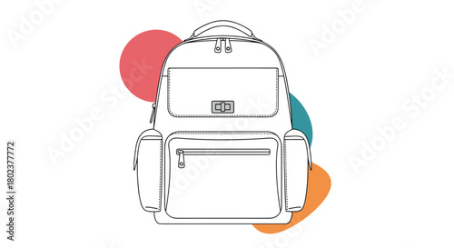 Line drawing of a modern backpack with multiple pockets and colorful abstract shapes in the background.
