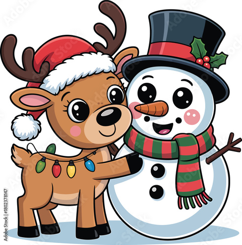 Cartoon reindeer with Santa hat hugs happy snowman wearing black top hat closely