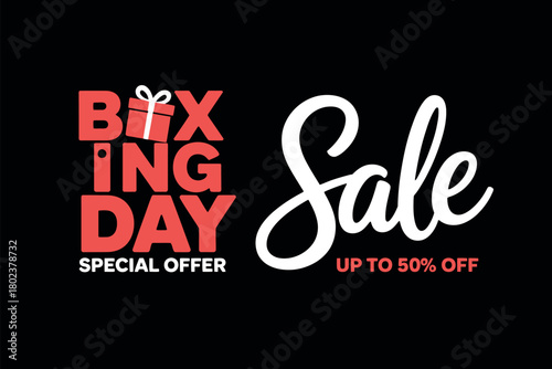 Boxing Day special offer with up to 50% off sale is advertised with bold typography and a gift icon.
