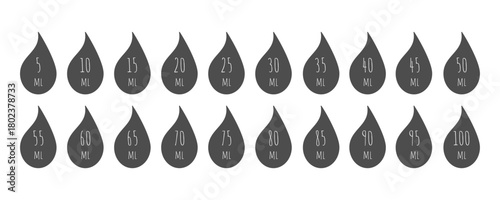 Liquid measurement drop icon set. Doodle label vector design. Black silhouette drops. Medical cosmetic packaging dosage. Droplet labeled from 5 ml to 100 ml for packaging