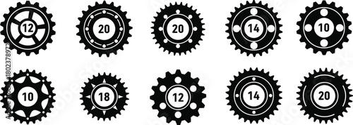 Bicycle gear sprocket icons set, black silhouette cogwheels with tooth count numbers, isolated mechanical transmission parts collection, industrial engineering vector
