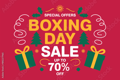 Boxing Day Sale with special offers up to 70% off, featuring gift boxes and Christmas trees.