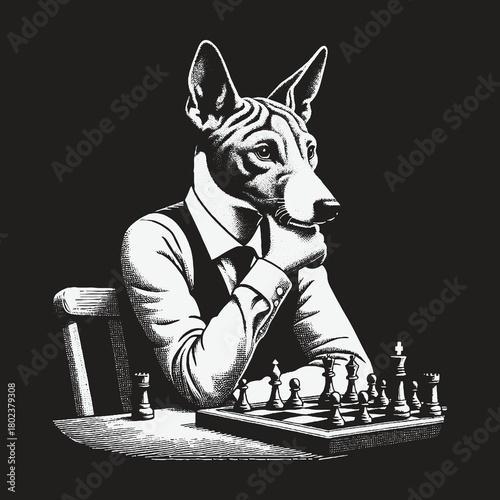 An anthropomorphic bull terrier deeply focused on a strategic chess match.