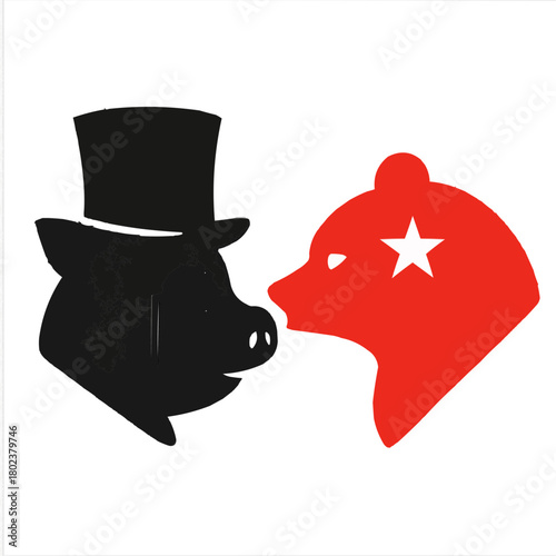 Humorous pig in a top hat facing a red bear with a star, quirky politics in a vintage style