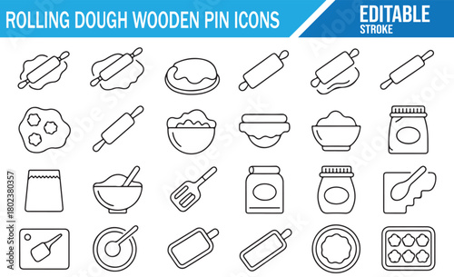 Cooking ingredient outline vector pack with rolling pins and bowls