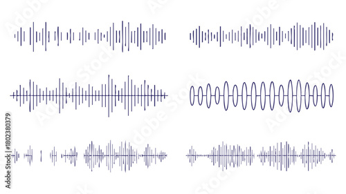 Collection of minimal red audio waveforms representing voice recordings, sound frequencies, digital signals, and music visualization elements for modern media design