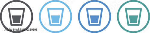 A versatile set of four minimalist icons, each depicting a simple glass shape with a liquid, all neatly contained within a distinct circular border