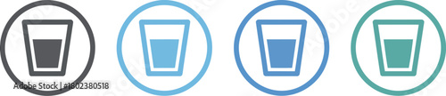 Collection of four stylized glass icons, each with varying liquid levels in a distinct, solid-colored circular frame, ideal for digital hydration and volume indication