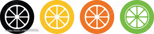 Set of colorful citrus fruit slice icons in round solid circles, depicting lemon, orange, tangerine, and lime segments, symbolizing freshness and healthy nutrition