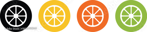 Collection of Citrus Slices and Fruit Icons on Colorful Circular Backgrounds