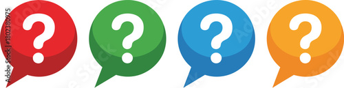 A collection of four colorful speech bubbles in red, green, blue, and orange, each featuring a prominent white question mark symbol for FAQs and support