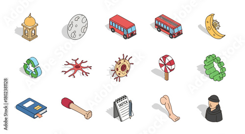 Eclectic isometric icons set: transportation, nature, space, and everyday objects