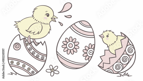 Easter illustration showing two chicks emerging from decorated eggs with a flower on the ground