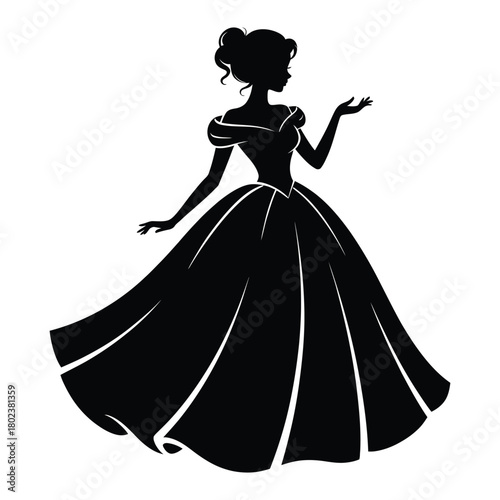 Elegant princess silhouette in flowing gown extends her hand gracefully, presented with a transparent background