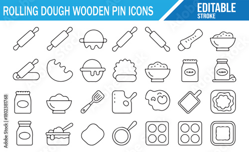 Rolling pin and baking ingredient outline icons set in clean editable stroke style featuring dough, bowls, jars, utensils, and kitchen tools for cooking guides, recipe apps, menus, and bakery design p