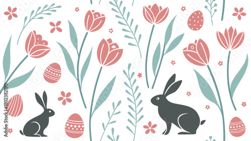 Seamless pattern of tulips, easter eggs, bunnies, and small flowers on a white background for spring time