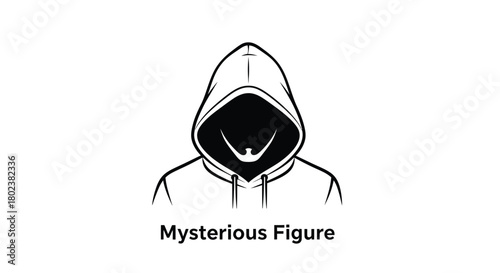 A minimalist black and white illustration of a hooded figure s face