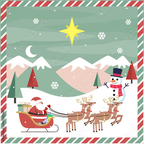 A festive Christmas scene with Santa Claus on his sleigh, reindeer and a cheerful snowman, set against a snowy mountain landscape under a guiding star and a crescent moon in the frame.