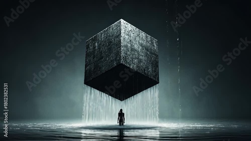 Abstract Modern Surrealism Art Sculpture: Mysterious Monolith in Black and White - Ethereal, Existential, Gravity-Defying with Moody Atmospheric Lighting and Mystical Geometric Shapes